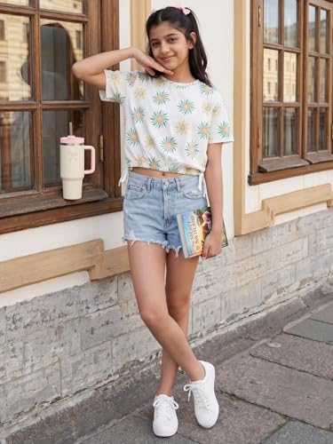 Image of Li'l Tomatoes Girls 100% Cotton Printed Top | Half Sleeve Casual Summer Top for Girls | Soft & Breathable Everyday Wear | Floral Sunflower Print | 9-16 Years