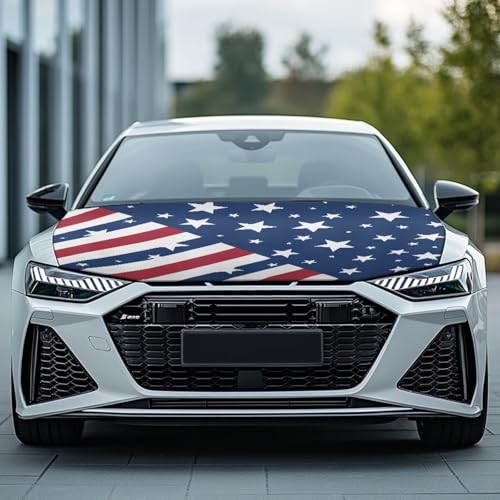 Image of American Flag Design Car Hood Cover Protector Elastic Polyester Auto Hood Wraps Blankets Patriotic Decorations Stretchable Car Exterior Accessories