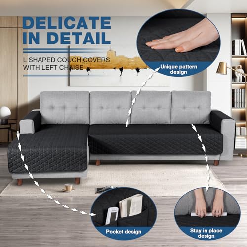 Image of TAOCOCO Sectional Couch Covers 100% Waterproof L Shaped Sofa Covers for Left Hand Facing Chaise Lounge, 2 Pieces Couch Cover L Shape Furniture Protector Slipcover for Pets Kids, Large /Black