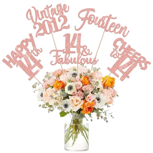 Image of 15 PCS 14th Birthday Centerpiece Sticks Fourteen Happy 14 Vintage 2012 Table Flower Centerpieces Sticks Cheers to 14 Fabulous Floral Decorations for 14th Birthday Party Supplies Rose Gold