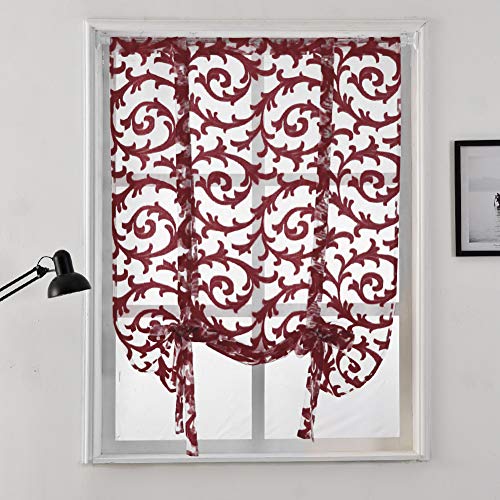 NAPEARL Tie Up Curtains Jacquard Balloon Curtains for Kitchen Window, Ajustable Rod Pocket Sheer Curtain Valance for Bathroom Small Window, 1 Panel (42W x 63L, Burgundy)