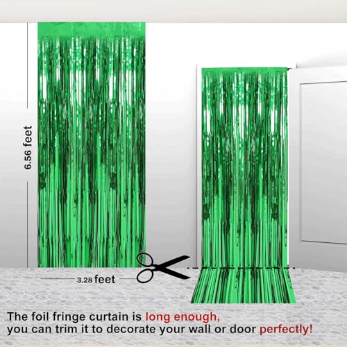 Image of 2 Pack 3.28 ft x 6.56 ft Green Tinsel Curtain Party Backdrop Decorations, Metallic Foil Fringe Backdrop Door for Halloween, Christmas, Birthday Graduation Wedding Party Streamers Photo Backdrop.