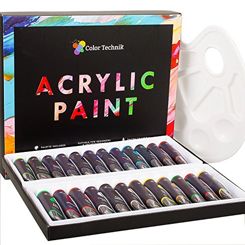 Acrílico Juego de pintura por color Technik, paleta de calidad de artista profesional, incluye, 24 tubos de aluminio, mejor colores para pintura lienzo, madera, arcilla, tela, uñas y cerámica, ricos pigmentos, regalo Me