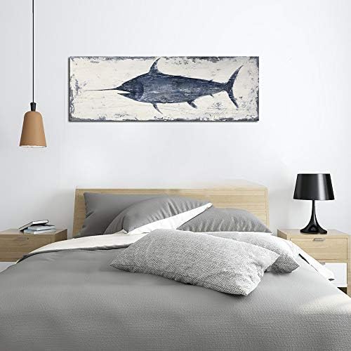 Yihui Arts Nautical Canvas Wall Art Animal Pictures Hand Painted Swordfish Paintings Ancient Ocean Seascape Coatal Artwork for Living Room Decoration 12x36IN Sword Fish