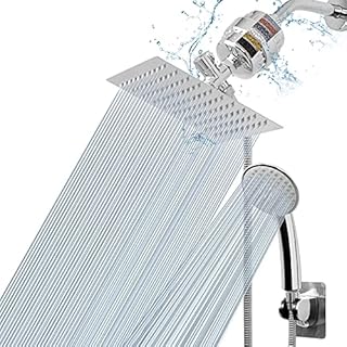 NearMoon Filtered Shower Head , High Pressure 8″Square Rain Shower Head and 5 settings Handheld Shower Filter Combo with Self-adhesive Holder/1.5M Hose -1 Replaceable Filter Cartridge (Chrome Finish)