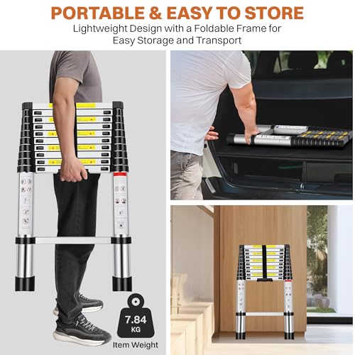 Image of BonKaso VertiPro 3.4M(10.5Ft) Telescopic Ladder | Aluminum Ladder 11 Steps | Multipurpose for Home & Outdoor use with Self Lock Mechanism | EN131 Certified Max Load Capacity of 150kg