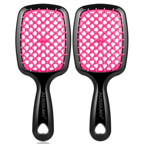 Aussumy 2 Pack Vented Detangling Hair Brush - Detangler Hairbrush with Soft Bristles for Effortless Tangle Free -Ideal for Natural Curly Straight Wet Dry Damaged Hair for Women Men Kids - Magenta