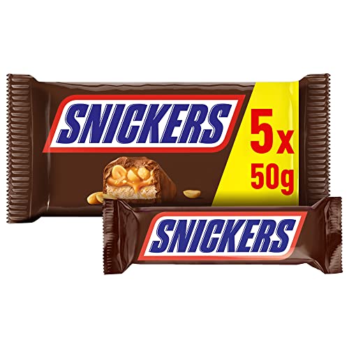 Snickers Barrita de Chocolate con Leche, Crema de Cacahuete, Caramelo y Cacahuetes, 5 x 50g