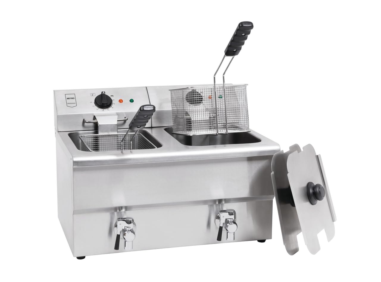 METRO Professional Freidora Doble GDF5028, Acero Inoxidable SS304, 2x 8 L, con Grifo, Regulador de Temperatura, Zona FrÃa, Plateado