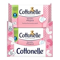 Cottonelle Feuchtes Toilettenpapier, Sensitive Pflegend - Parfümfrei, Biologisch Abbaubar, Plastikfrei, Wiederverschließbar, Vorteilspack, 12 x 42 Feuchttücher