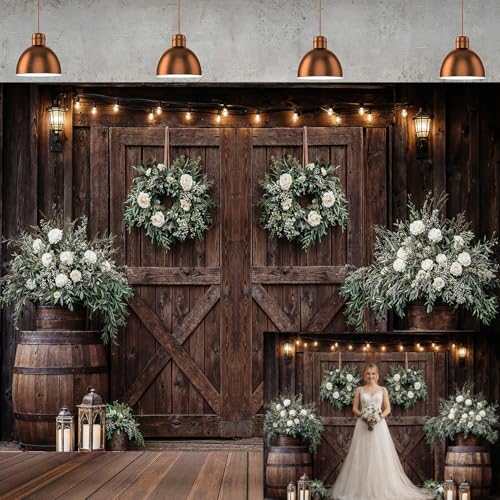 Hnzw 7X5ft Rustic Barn Door Wedding Backdrop Dark Wood Farmhouse Floral Wreath White Roses Greenery Background Bridal Shower Engagement Party Decoration Photography Backdrop Photo Booth Wall Decor 139