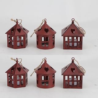 TRIROCKS 6 Pcs Metal Decorative Hanging Candle Lanterns 4" H House Tea Light Holders Centerpieces for Tables Farmhouse Rustic Wedding Party Indoor Outdoor Gifts(Wine Red Brushed Black)