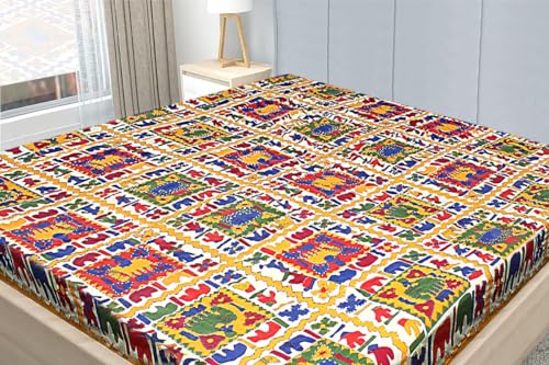 Stylista Rajasthani Traditional Hand Work Stitch Katha Print Cotton Bedsheet/Comforter for Queen Size Bed, Multicolor with Yellow Borders Traditional Jaipuri