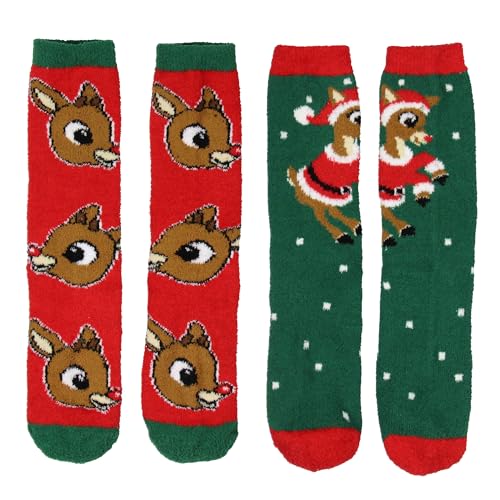 Bioworld Rudolph The Red Nosed Reindeer Christmas Adult Fuzzy Plush Crew Socks 2 Pack For Women Men