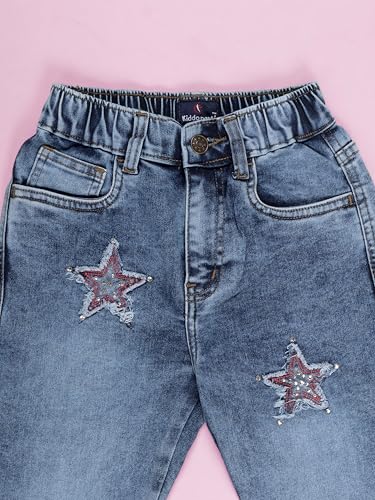 Image of KiddoPanti Girls Full Length Frayed Star Patch Washed Denim Jeans with Elasticated Waistband