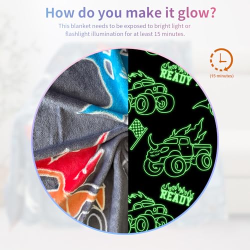 Image of COMFAR Glow in The Dark Monster Truck Blanket for Boys /Girls /Kids /Toddler /Baby, Monster Truck Toys for Boy Age 3-12, Car Blanket for Birthday /Gifts 40 inchx 50 inch