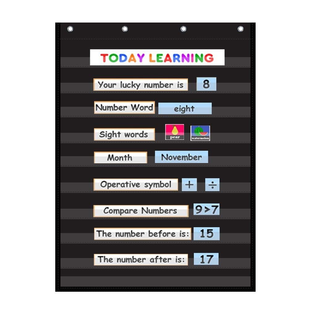 VNOM Standard Pocket Chart Clear 10 Pockets Chart for Classroom & Home Heavy Duty Hanging Pocket Chart for Word Wall/Letter Cards/Sentence Strips,28x43 Inch（Black)