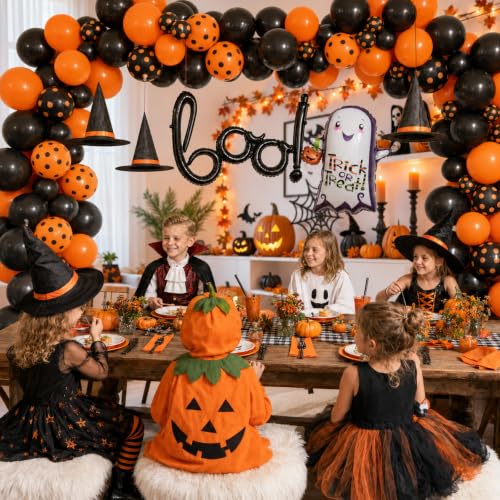 Image of Halloween Black Orange Balloons BOO Ghost Pumpkin Foil Balloons Party Decor | Orange Black Polka Dot Balloon for Happy Halloween Spooky Birthday Trick or Treat Haunted House Horror Night Party Decoration