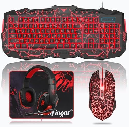 BlueFinger Gaming Keyboard Mouse Headset Combo, USB Wired Crack B...