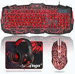 BlueFinger Gaming Keyboard Mouse Headset Combo, USB Wired Crack Backlit,114 Keys Letters Glow LED Keyboard, Red LED Light Headset for Laptop PC Computer Work and Game