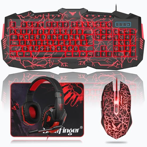BlueFinger Gaming Keyboard Mouse Headset Combo, USB Wired Crack Backlit,114 Keys Letters Glow LED...