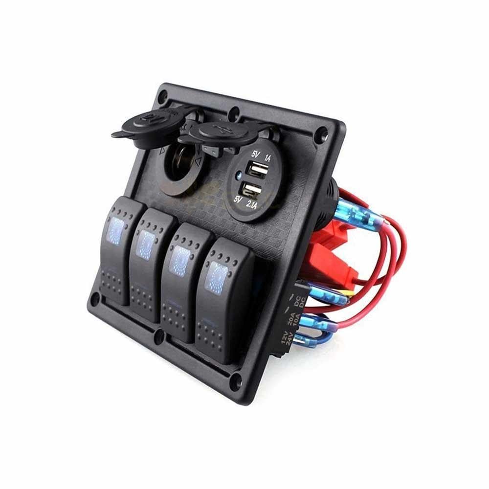 Waterproof 4 Gang Combination Panel Switch with Dual USB Car Charger Cigarette Lighter Socket for Caravans Boats Red LED