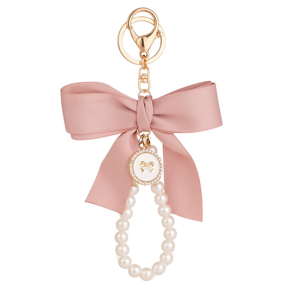 INSTITIZER Pink Pearl Bow Keychain Wristlet for Women Pearl Key Chains for Car Keychain Wallet Pendant Charms for Handbags