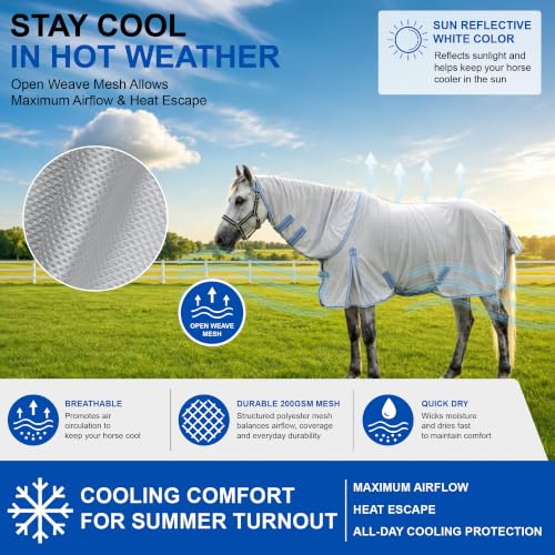 Image of Horse Fly Sheet with Detachable Neck, Maximum Airflow Breathable Open Weave Mesh for Hot Weather, Anti-Rub Comfort, 65% UV Protection, Cool Summer Sheet for Pasture & Barn Silvergrey 72