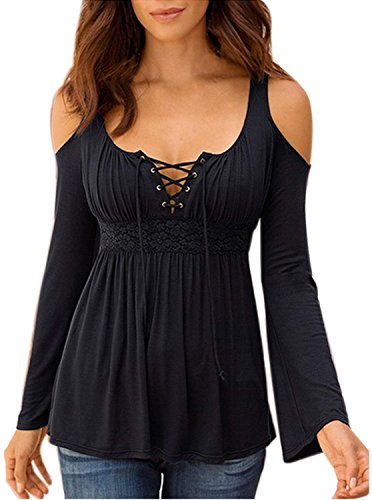 Women's Cold Shoulder Hollow Out Casual Tunic Solid Blouse Tops Black