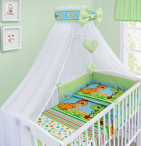 BABYMAM Baby Cot Canopy with Holder, Decorative Chiffon Mosquito Net with Ribbon and Hanging Hearts, Fits Standard Cots and Cot Beds (Dino Green)
