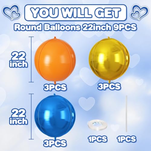 Image of 9 Pcs Orange Blue Gold Round Foil Balloons,22 Inch Round Balloons | Orange Blue Gold Giant 4D Round Ball Balloons For Kids Birthday Graduation Summer Carnival Party Decorations