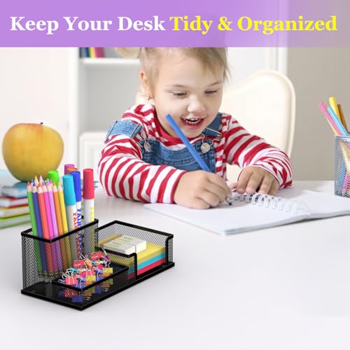SUPEASY Mesh Pen Holder Desk Organizer, Office Supplies Pencil Storage with 3 Compartments, Office Desk Accessories and Workspace Organizers for Home School, Black image 8