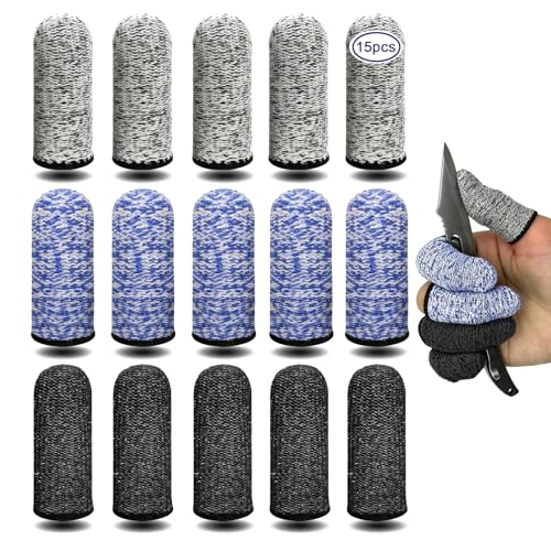 PDKKFF 15 Stück Fingerschutz Schneiden(3 Farben) Daumenschutz Schnittfeste Fingerlinge Wiederverwendbar Rutschfest Atmungsaktiv für Küche Garten Skulptur Holzbearbeitung Nähen-Schwarz Blau Grau