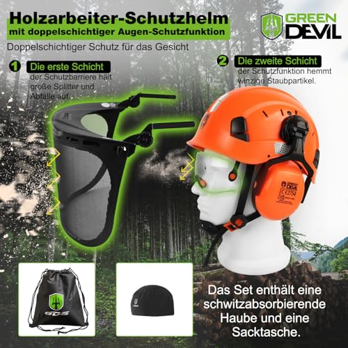 GREEN DEVIL Forstbetrieb-Kettensäge-Schutzhelm EN397 Zertifiziert - 5-in-1-System mit Maschen-Gesichtsschutz, eingebaute Visier & Ohrenschützern - gelüftet, für Holzfall- und Gartenarbeit - Unisex