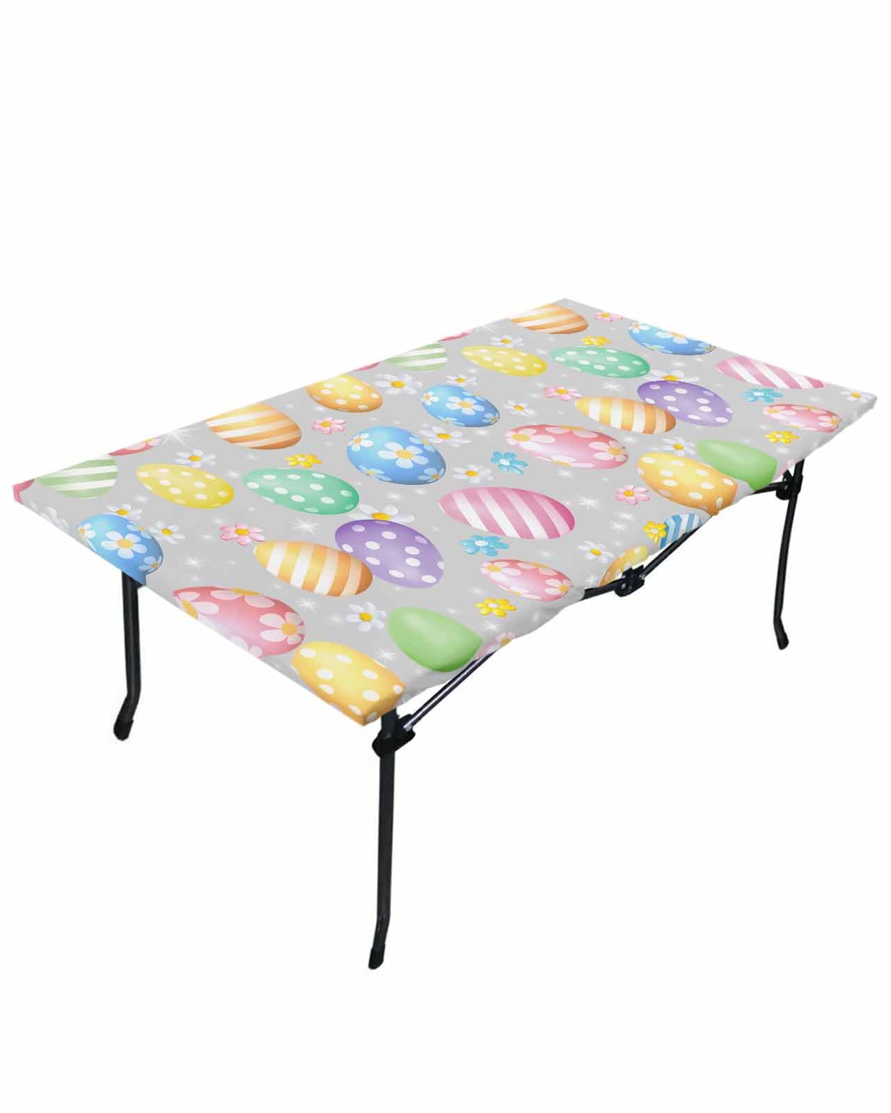 Easter Eggs Tablecloth Fitted Table Cover for 4ft Tables - Waterproof Wipeable Elastic Table Cloth for Outdoor Picnic Camping Dining Party, Spring Summer Flower Seasonal Holiday 24"x50"