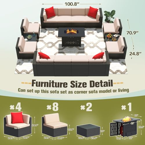 Image of Greesum Patio Furniture Sets 15-Pieces Outdoor PE Rattan Sectional Sofa w /43in Gas Fire Pit Table 55000 BTU Add Warmth to Gatherings Parties On Deck Garden Backyard,Beige