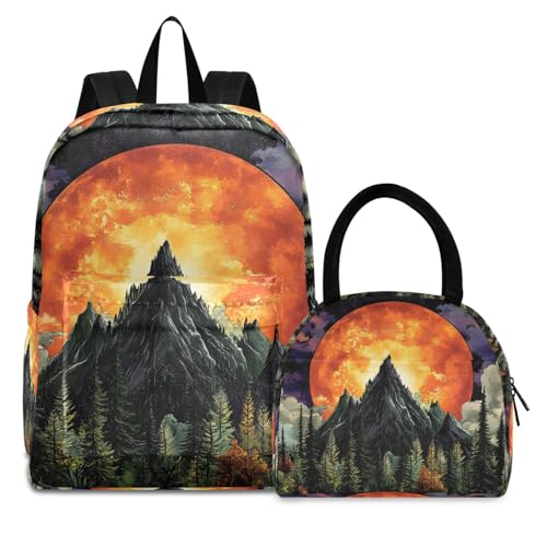 Backpack Lunch Box Set Large Capacity Travel Backpacks and Insulated Lunch Bag for Commute Hiking Picnic Sunset Mountain Print