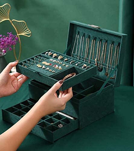 Mixen Easy-To-Use Jewelry Storage Box New 3layers Green Flannel Stud Jewelry Organizer Large Ring Necklace Makeup Holder Cases Velvet Jewelry Box with Lock Women