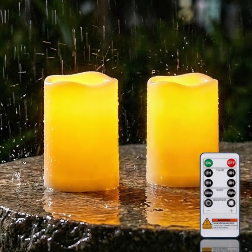 Image of Homemory 3 inchx5 inch Flameless Candles, Outdoor Waterproof, Battery Operated LED Pillar Candles with Remote Control and Timer, Plastic, Long Lasting