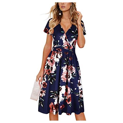 OUGES Damen Sommerkleid Kurzarm V-Ausschnitt Knielang Blumenmuster Partykleid mit Taschen（Floral02, M）