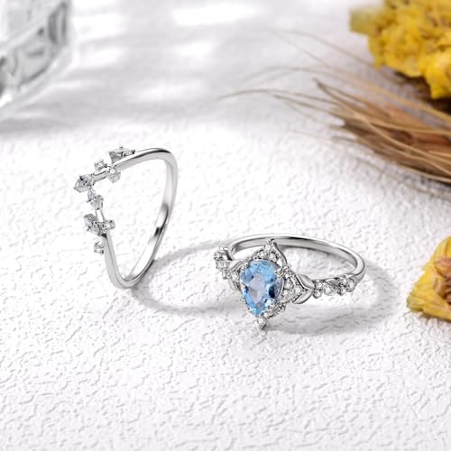 Natural Pear-Cut Aquamarine Engagement Rings Sets for Women,925 Sterling Silver Moissanite Leaf Wedding Ring Sets,Bridal Ring Sets for Anniversary Birthday4