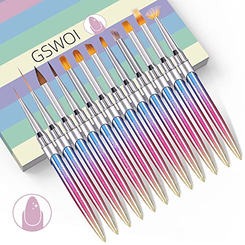 Gswoi 12 Pcs Nail Art Brushes Set, Nail Design Brushes For Nail Art，Nail Brushes For Acrylic Application Set,3D Nail Art Supplies For Nail Design, Gel Polish Painting,Nail Art Tools，Nail Clean Up Brush，Acrylic Nail Brush For Salons And Home #TOP1