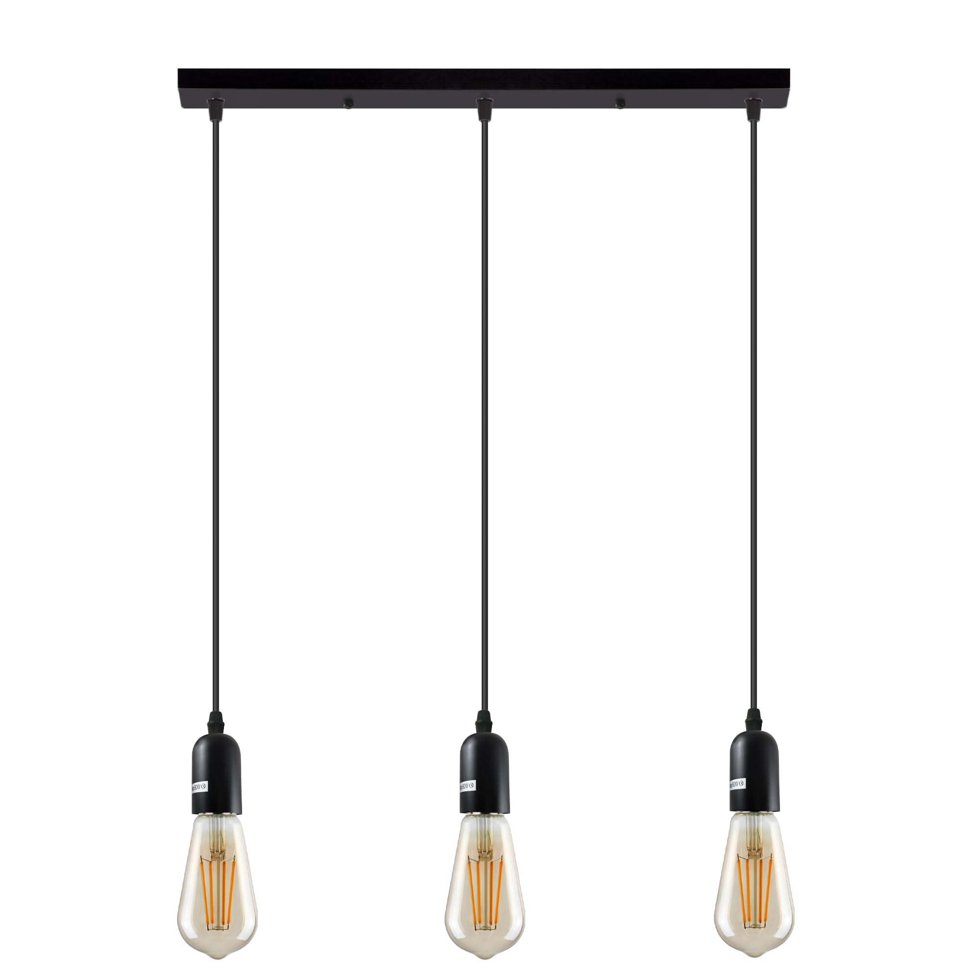 LEDSone Black Modern 3 Head Pendant Light, Vintage Ceiling Bar Light Fitting, Adjustable Hanging Rope Light, E27 Socket Industrial Pendant Holder for Kitchen Dining Room Bar