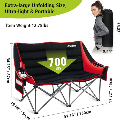 Camping Chairs Oversized Camping Chair Portable Double Camping Chair for Adults Heavy Duty Folding Chair Support 700LBS with Cup Holders & Large Side Organizer Pockets for Camping/Car Trunk/Campfires - Thumbnail 3