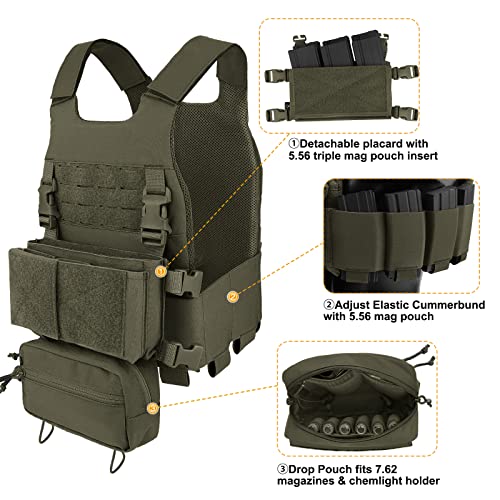 Tactical Airsoft Vest Low-Vis Adjustable Modular Molle Vest With Removebale Cummerbund, Drop Pouch & 5.56 Placard Chassis (Rg) #TOP3