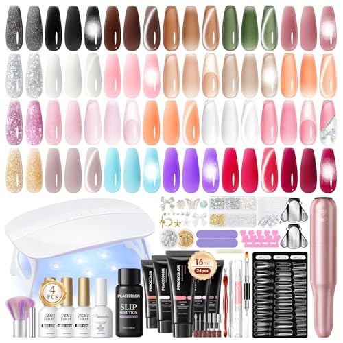 PEACECOLOR 52Pcs Poly Nail Gel Kit with Drill and U V Light 24 Colors Poly Nail Extension Gel with Cat Eye Nail Polish Glossy Matte Top Coat Nail Rhinestones Starter Kit Home Salon DIY Gifts for Women