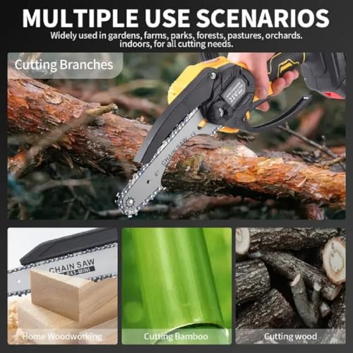 Image of Mini Chainsaw Cordless 6 Inch Cutting Area Wide Heavy Duty Battery Powered Hand Saw gardens farms pastures Wood Working Tool Like Logging Cutting Pruning with Multicolor