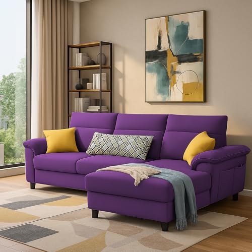 Image of Casaliving Seams RHS 4 Seater L Shape Sofa for Living Room (Purple Fabric) Premium Fabric Sofa