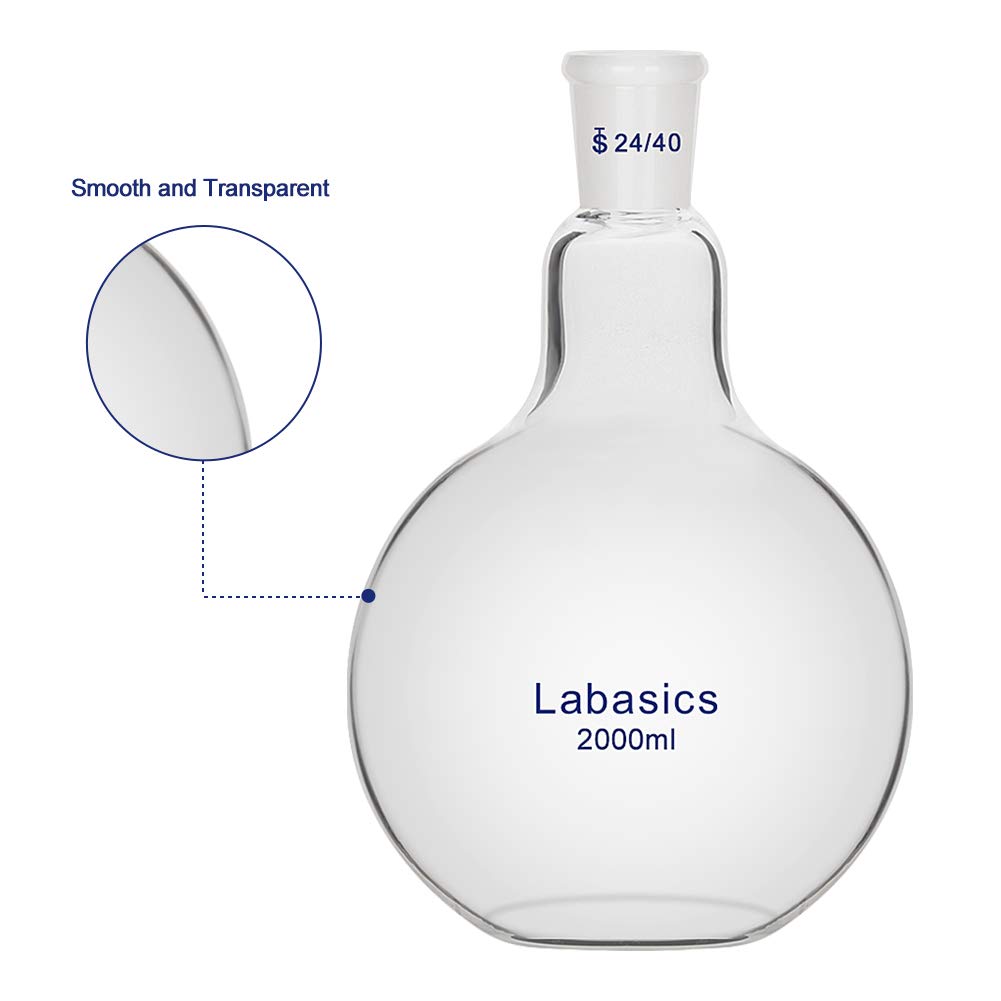 Labasics Szklana kolba kuchenna 2000 ml, z płaskim dnem, płaska kolba Boiling Flask, ze standardowym przegubem zewnętrznym 24/40