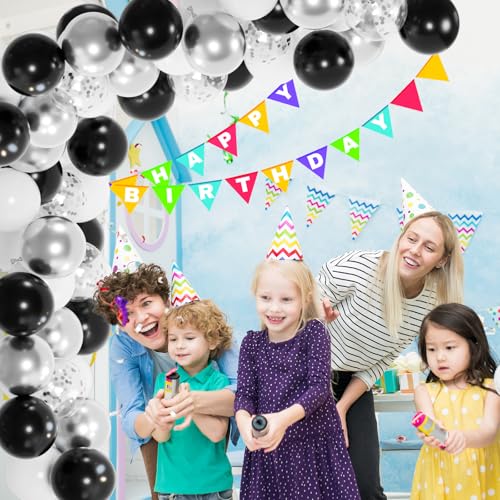 Image of 100pcs Black and Silver Balloons, 12inch Black White Silver Confetti Ballons for Birthday, Baby Shower, Graduation, Anniversary Party Decorations